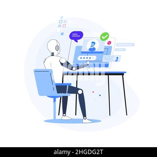 HR ai come risorse umane robot scansione CV per assumere minuscolo persona concetto. Tecnologie moderne alla ricerca di lavoro, e vettore di candidati vacanti Illustrazione Vettoriale