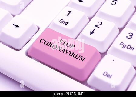 Testo della scrittura Stop Coronavirus, panoramica aziendale campagna di sensibilizzazione contro la malattia lotta per diminuire i COVID19 casi digitando protocolli di rete online, Foto Stock