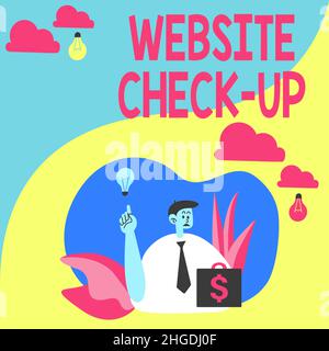 Testo che mostra ispirazione Sito web Check Up, concetto che significa un esame di un sito web per vedere se qualcosa è in ordine uomo seduto in Parco soffiante Bal Foto Stock