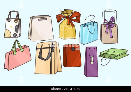 Set di vari sacchetti di carta regalo per compleanno o anniversario. Raccolta di imballaggi presenti o per acquisti di diverse forme e dimensioni. Acquisto e acquisto. Illustrazione vettoriale piatta. Illustrazione Vettoriale