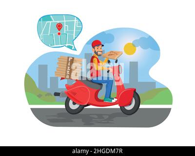 Consegna pizza in moto. Paesaggio urbano con corriere alimentare guida bici vettore di consegna rapida Illustrazione Vettoriale