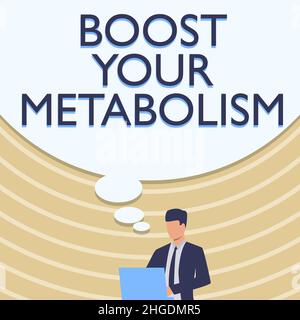 Visualizzazione concettuale incrementa il tuo metabolismo, Word per il processo del corpo utilizza per produrre e bruciare energia da uomo d'affari alimentare in disegno di tuta utilizzando laptop con L. Foto Stock