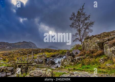 Ponte di legno che conduce al Parco Nazionale Snowdonia di montagna, Galles del Nord. Foto Stock