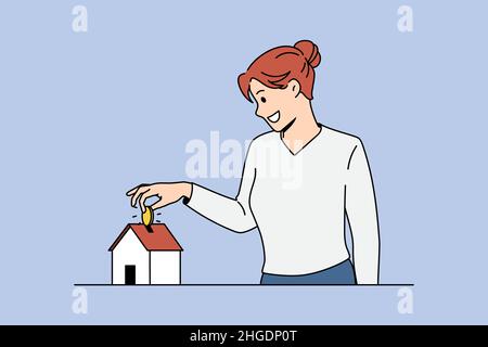 Risparmio di denaro per l'acquisto di concetto di appartamento. Giovane donna sorridente in piedi e mettendo moneta d'oro a casa di portini piccolo appartamento immobiliare illustrazione vettoriale Illustrazione Vettoriale
