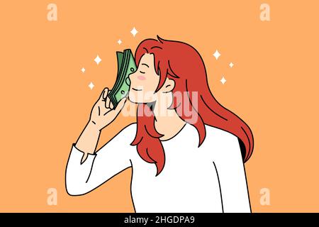 Concetto di profitto e salario finanziario. Giovane donna sorridente in piedi toccare faccia con un mucchio di soldi verde sensazione di divertimento vettore illustrazione Illustrazione Vettoriale