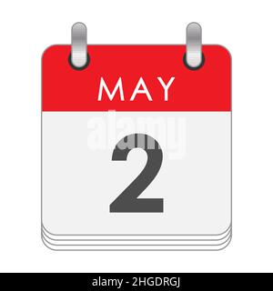 Maggio 2. Una foglia del calendario flip con la data del 2 maggio. Stile piatto. Illustrazione Vettoriale