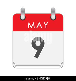 Maggio 9. Una foglia del calendario flip con la data del 9 maggio. Stile piatto. Illustrazione Vettoriale