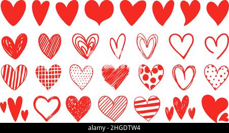 Design con icone piatte, a forma di cuore rosso e a forma di barbatella. Astratto romantico emoji simbolo. Matrimonio disegnato a mano e San Valentino cuore vettore set Illustrazione Vettoriale