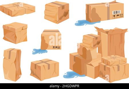 Cartoni danneggiati, strappati e bagnati scatole e pile di cartone. Imballaggio e pacchi in cartone di carico frantumato e sbriciolato. Set vettore di spedizione errato Illustrazione Vettoriale