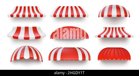 Tenda parasole a righe realistiche per negozi, cappottatura per negozi. Ombrello rosso e bianco mercato. Tetto tenda anteriore per negozio showcase disegni vettore set Illustrazione Vettoriale