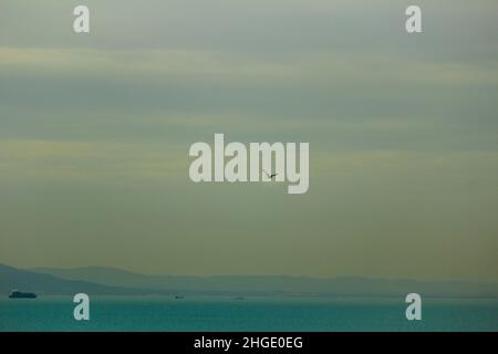 Mare, Shatt Bahr, alberi, rocce, cielo persone, blu, capanna, moschea, industrie tradizionali, aree turistiche, montagna, porta blu, uccello, la marsa e sidi bou Foto Stock