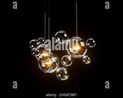 Lampadario moderno composto da diverse sfere di vetro di dimensioni diverse isolate su nero. 3d illustrazione Foto Stock