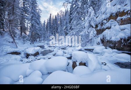 Foto aerea del fiume congelato Pescherka vicino alla cascata nella stagione invernale. Pietre in acqua con i cappucci di neve. Alberi di abete foresta sulle rive. Siberia, Ru Foto Stock