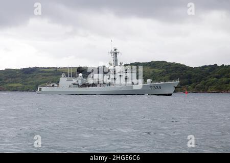 Portuguese Navy Frigate NRP Francisco de Almeida (F334) a Plymouth Sound Foto Stock
