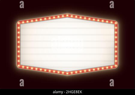 Scatola luminosa retrò con lampadine isolate su sfondo scuro. Cartello esagonale vintage. Illustrazione Vettoriale