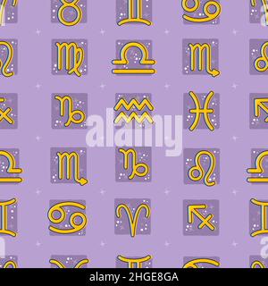 Segni zodiacali di stile piatto, cielo notturno con stelle, scintille ripetizione senza cuciture motivo vettoriale. Colori viola. Simboli dell'oroscopo illustrazione astrologica Illustrazione Vettoriale