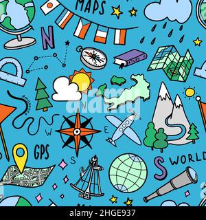 Sfondo del viaggio. Simboli geografici modello senza giunture in stile doodle disegnato a mano. Turismo e avventura icone colorate. Illustrazione vettoriale Illustrazione Vettoriale