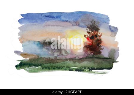 Acquerello paesaggio nebuloso con prato nella nebbia, albero solitario e tramonto, isolato su sfondo bianco Foto Stock