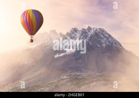 Spettacolare paesaggio di montagna con volo in mongolfiera. Foto Stock
