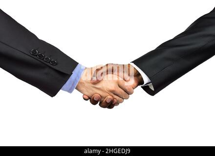 Primo piano di due uomini d'affari che scuotono le mani su uno sfondo bianco Foto Stock