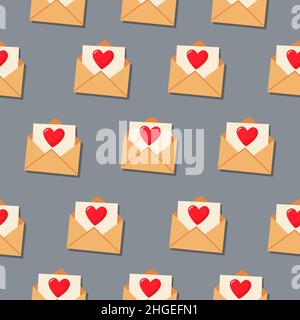In una lettera aperta, un cuore rosso. Ripetizione vettoriale in uno stile piatto. Semplice ripetizione senza giunture. San Valentino sfondo. Illustrazione Vettoriale