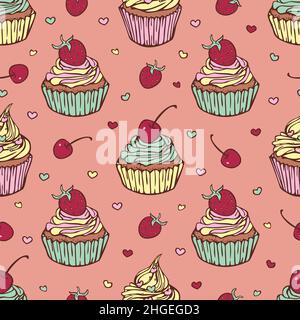 Modello vettoriale senza cuciture con cupcake a mano con fragola e ciliegia. Design con yummy confections. Illustrazione Vettoriale