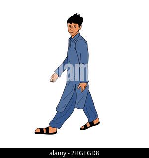 Giovane pakistano che indossa il ritratto shalwar kameez, ragazzo in tradizionale stoffa musulmana in libera posa illustrazione vettoriale Illustrazione Vettoriale