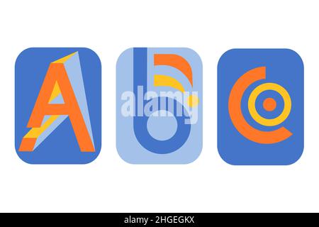 Tre poster con lettere geometriche astratte. Semplici forme minimaliste e forme di lettere A, B e C. illustrazione vettoriale Illustrazione Vettoriale