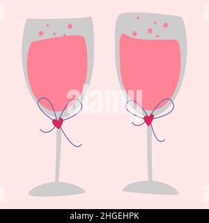 Due bicchieri di champagne rosa o vino. Immagine vettoriale in stile boho. san valentino. Un biglietto d'auguri con una dichiarazione d'amore. Illustrazione Vettoriale