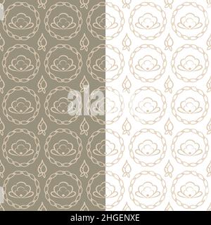 Motivo geometrico floreale senza cuciture. Cerchio a forma di catena, fiori folk disegnati a mano in una tavolozza di colori rosa. Sfondo di colore bianco o beige facilmente modificabile Illustrazione Vettoriale