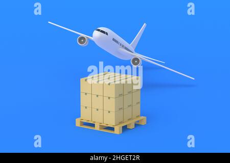 Aeroplano vicino alla pila di scatole sul pallet su sfondo blu. Trasporto internazionale di merci. Logistica globale. Spedizione aerea. Concetto di AirMail. Foto Stock