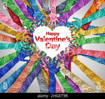 Buon San Valentino giorno come febbraio amore vacanza con mani diverse celebrando le emozioni affettuose come un saluto San Valentino per romanticismo e lov Foto Stock