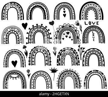 Rainbow in bianco e nero in stile boho. Ci sono cuori, fiori, palloncini come concetto di matrimonio e San Valentino. Set di arcobaleni per striscioni, biglietti, poster. Illustrazione del vettore Illustrazione Vettoriale
