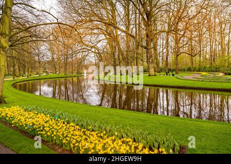 Fiori multicolore e paesaggio fluviale a Keukenhof, Paesi Bassi Foto Stock