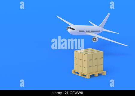Aeroplano vicino alla pila di scatole sul pallet su sfondo blu. Trasporto internazionale di merci. Logistica globale. Spedizione aerea. Concetto di AirMail. Foto Stock