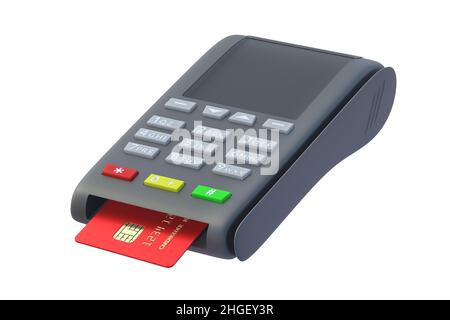 Registratore di cassa portatile con carta di credito in plastica isolata su sfondo bianco. 3d rendering Foto Stock