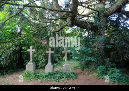 Spooky vecchio cimitero con tre croci in pietra in una foresta Foto Stock