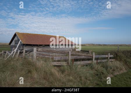 Umzäunter Holzschuppen am Westende der Insel Juist, capannone di legno recintato all'estremità occidentale dell'isola di Juist Foto Stock