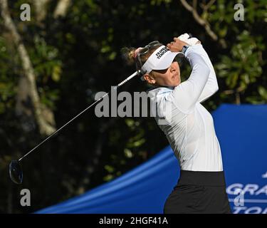 Orlando, Stati Uniti. 20th Jan 2022. Il golfista Jessica Korda si tea al primo round del torneo di campioni LPGA 2022 Hilton Grand Vacations Tournament of Champions al Lake Nona Golf and Country Club di Orlando, Florida, giovedì 20 gennaio 2022. Foto di Joe Marino/UPI Credit: UPI/Alamy Live News Foto Stock