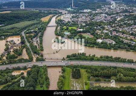 Fotografia aerea, alluvione della Ruhr, estuario del Volme, alluvione, Boele, Hagen, zona della Ruhr, Renania settentrionale-Vestfalia, Germania, Luftbild, Volmehochwasser, Volmemünd Foto Stock