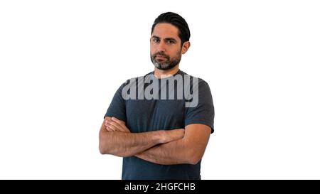 Ritratto di bell'uomo che pensa provare a risolvere il problema posa su sfondo isolato. Bell'uomo caucasico Foto Stock