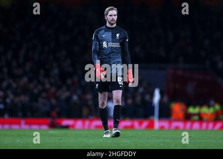 LONDRA, REGNO UNITO. GEN 20th Caoimhin Kelleher di Liverpool durante la partita della Carabao Cup tra Arsenal e Liverpool all'Emirates Stadium di Londra giovedì 20th gennaio 2022. (Credit: Tom West | MI News) Credit: MI News & Sport /Alamy Live News Foto Stock