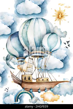 Collezione acquerelli con palloncini d'aria, bandiere e nuvole in colori pastello. Palloni d'aria dipinti a mano splendidamente decorati su sfondo bianco Foto Stock