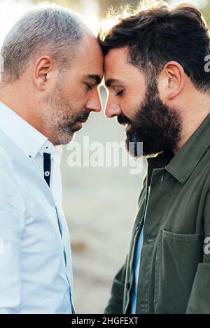 Coppia gay maschile in piedi testa a testa in un parco all'aperto. Foto Stock