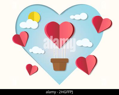 Carta di invito Love per San Valentino. Pallone ad aria calda con nuvole e sole. Illustrazione vettoriale Illustrazione Vettoriale