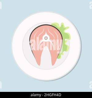 Piatto gourmet di bistecca di salmone. Fetta di filetto di pesce rosso. Carne di pesce fresco. Illustrazione grafica vettoriale. Terra sana. Ristorante con menu a la carte al tavolo Illustrazione Vettoriale
