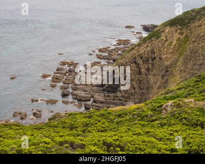 Costa rocciosa sulla passeggiata del Grande Oceano - Point Flinders, Victoria, Australia Foto Stock