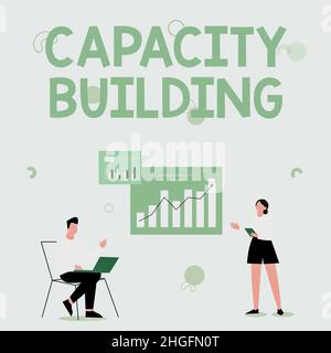 Cartello di testo che mostra Capacity Building, concetto che significa processo attraverso il quale gli individui acquisiscono conoscenze e competenze uomo utilizzando laptop e ragazza Standing Sharing Foto Stock