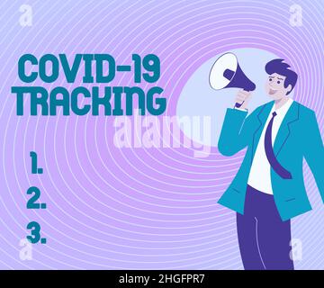 Testo della scrittura Covid 19 Tracking, Business showcase processo distintivo dei possibili individui infetti Illustrazione di Un uomo che punta via Foto Stock