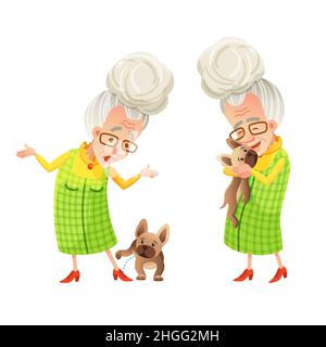 Donna anziana felice con cane. La nonna attiva in pensione si sente spensierata con l'animale arrabbiato e felice Illustrazione Vettoriale